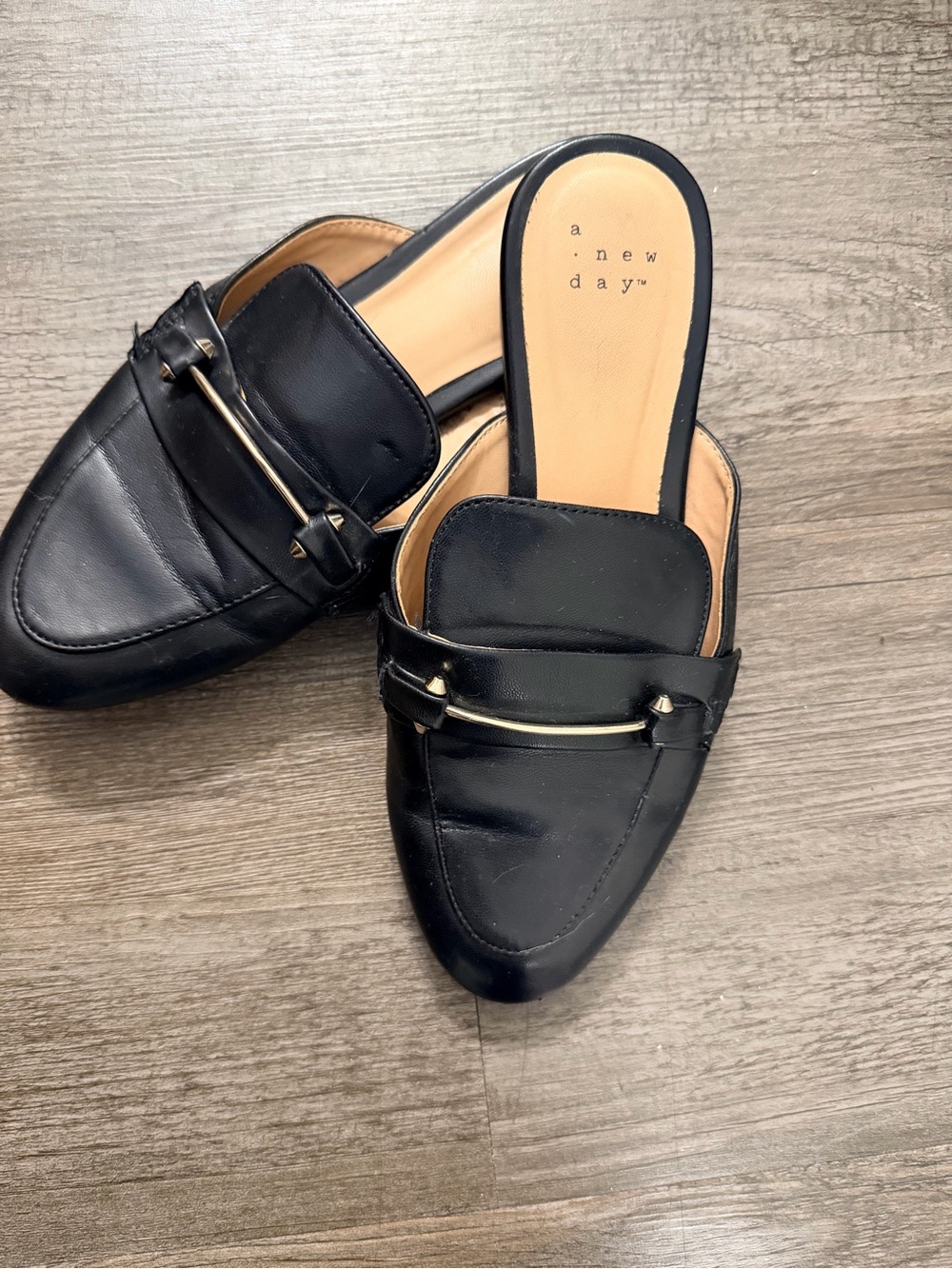 a new day Black Leather Backless Loafers with Gold Accent